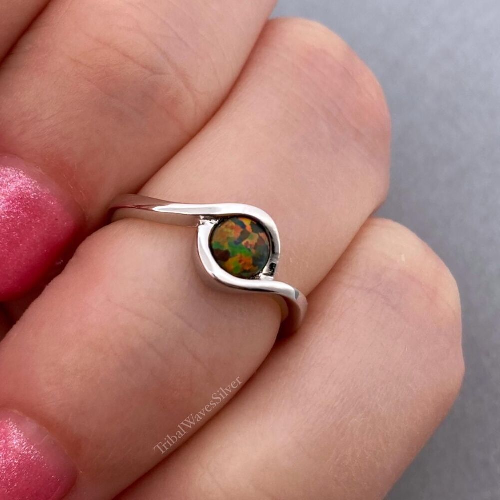 Sterling Silver 925 Black Lab Opal Eye Finger Ring Size 4 Midi Pinky, USA